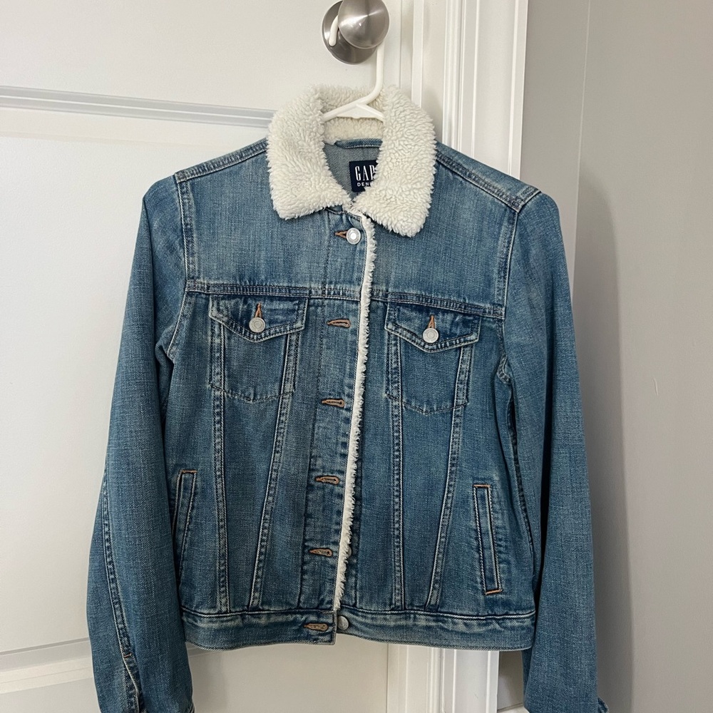 GAP Blue Denim Jacket with White Sherpa Collar